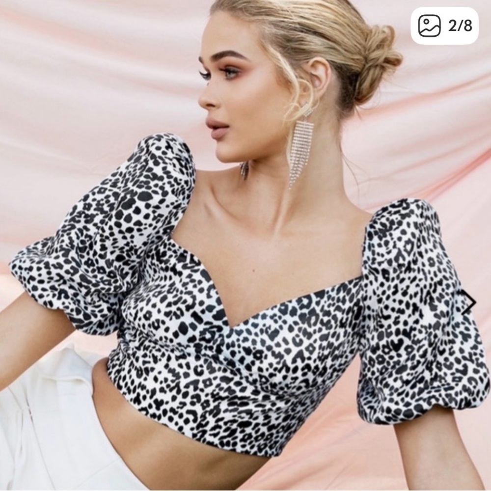 House of CB Lou Dalmation Print Puff Sleeve Crop Top Black & White Size XS/2-4 - Picture 2 of 8